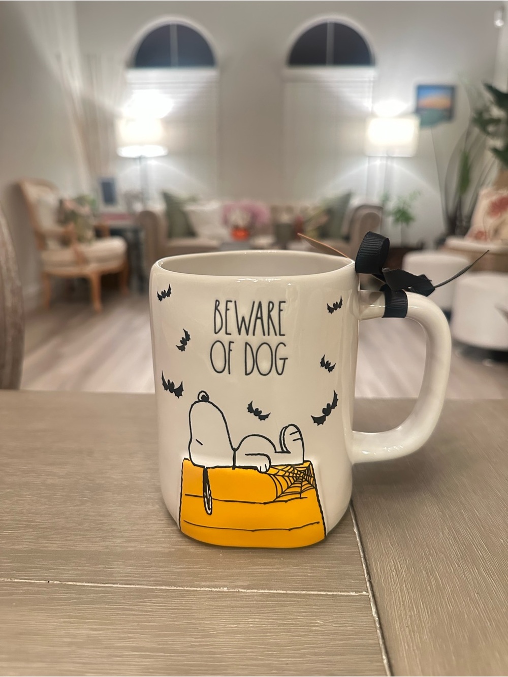 Rae Dunn White Mug with Yellow Doghouse "Beware of Dog"